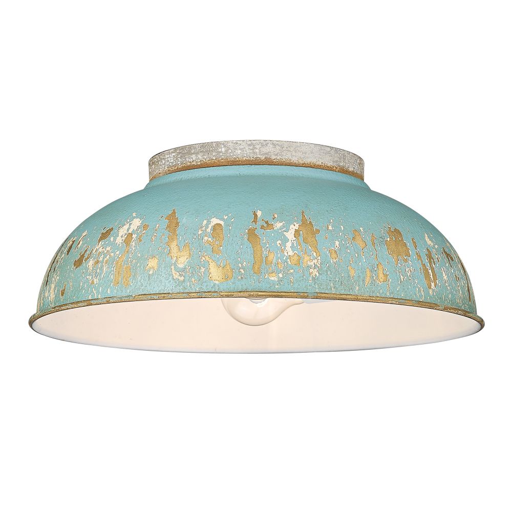 Golden Lighting 0865-FM AGV-TEAL Kinsley Flush Mount in Aged Galvanized Steel with Antique Teal Shade Shade